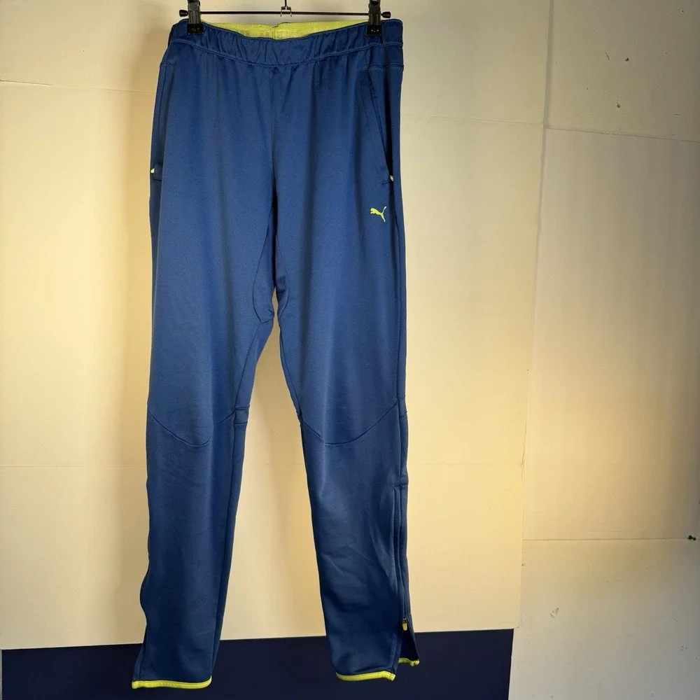 Puma Soccer Futbol Joggers - Large Blue- Zipped Pockets And Ankles Green Accents